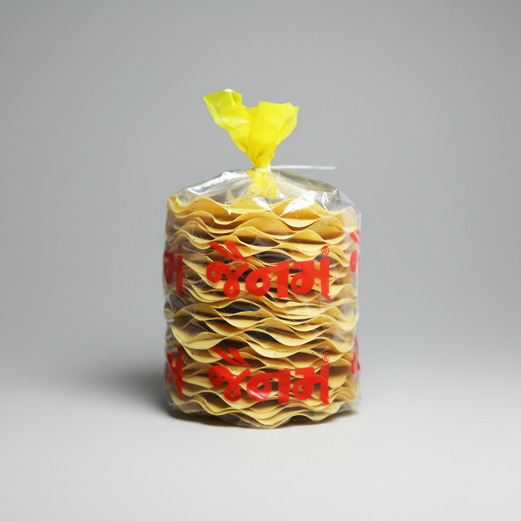 A clear plastic bag filled with stacked yellow flatbread or crackers, tied at the top with a yellow plastic twist, and printed with bold red Devanagari text, shown on a plain white background.