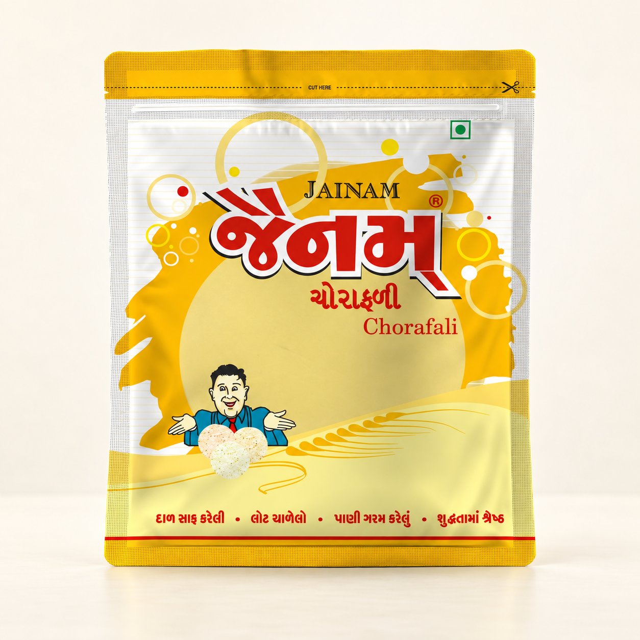 Jainam Chorafali pack on a clean ivory background