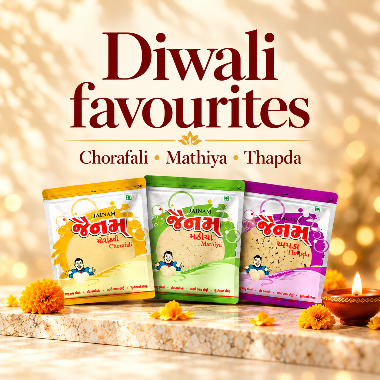 Diwali favourites — Jainam Chorafali, Mathiya and Thapda